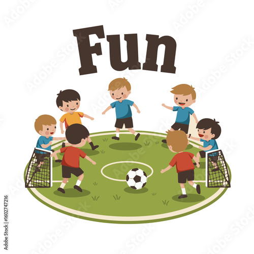 Boys Playing Soccer with Ball and ‘Fun’ Badge Flat Icon