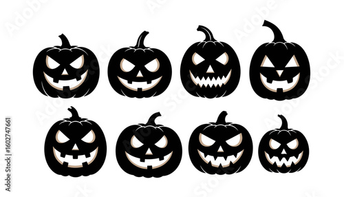 Spooky Silhouette Eight Halloween Pumpkins with Varied Expressions and Carved Features