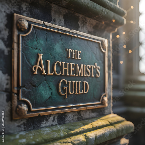 Alchemist guild sign on weathered stone wall
