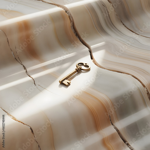 Antique key on textured marble surface