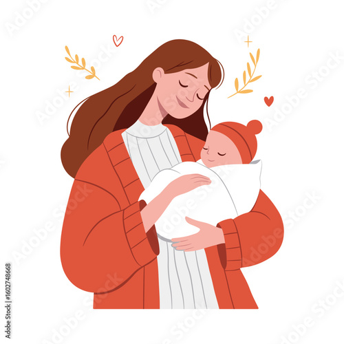 Woman holding her cute baby in arms. Pregnancy and breastfeeding concept. Mom and child in warm clothes. Mother's day, vector illustration with flower botanical leaf ornament in cartoon style.