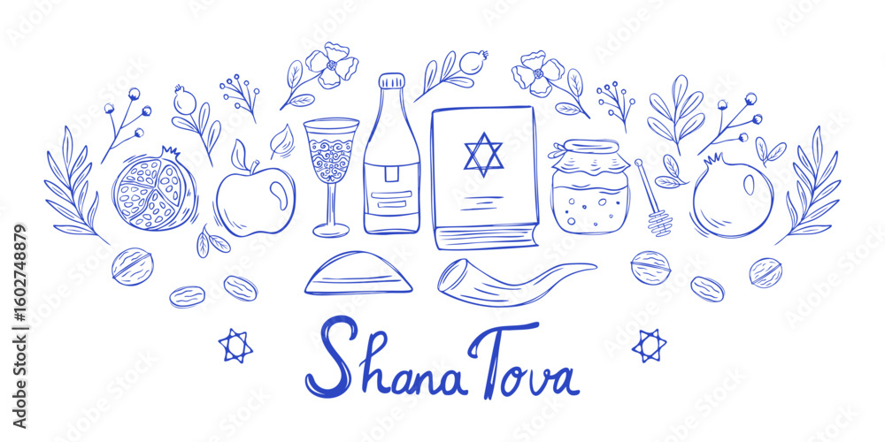 Fototapeta premium Rosh Hashanah greeting card design with pomegranate fruit, walnuts, apple, honey and flowers on white background in doodle style. Vector illustration