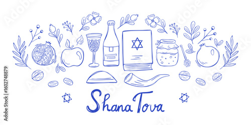Rosh Hashanah greeting card design with pomegranate fruit, walnuts, apple, honey and flowers on white background in doodle style. Vector illustration