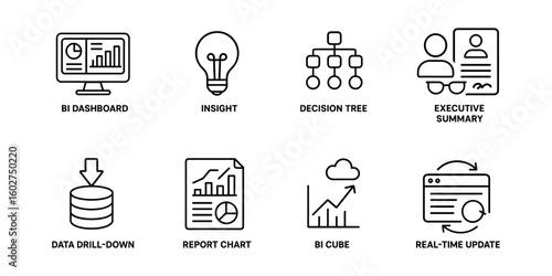 Vector line icons for business intelligence: dashboards, insight tree, report, data summary