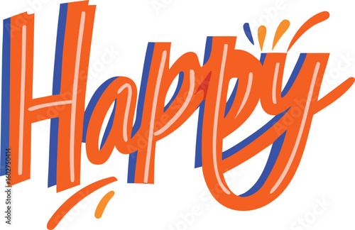 Bold orange and blue lettering spelling happy with playful accents vector