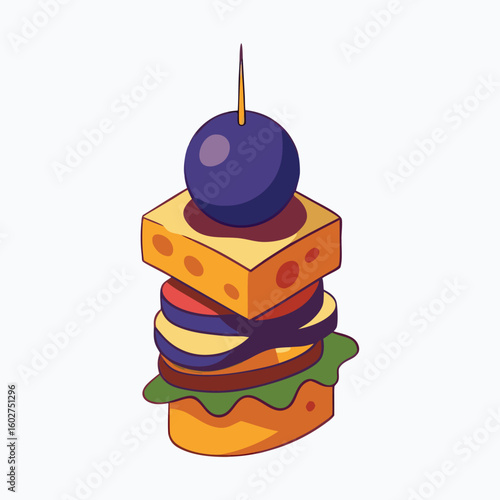 Stacked appetizer with olive cheese and vegetables tomato eggplant