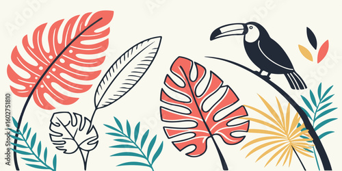 Abstract toucan bird and jungle leaves colorful tropical illustration, Modern flat design in vibrant coral, teal, and yellow tones. Perfect for summer, nature, or botanical-themed projects.