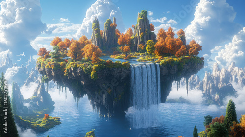 Fototapeta Naklejka Na Ścianę i Meble -  Autumnal Floating Island with Waterfall, 3D Rendered Fantasy Landscape