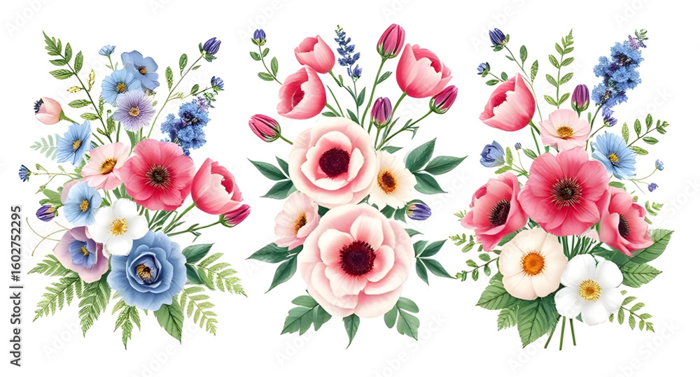 Fototapeta premium Set of flowers, Flower collection, Floral bundle, Flower icon set, Botanical illustration, Bloom vector set, Colorful flowers, Spring flowers, Summer blooms, Floral clipart, Hand-drawn flowers, Decora