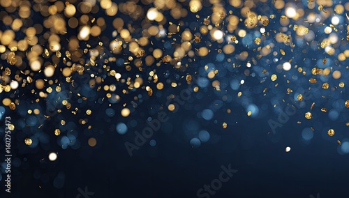 Golden and blue confetti bokeh on dark background