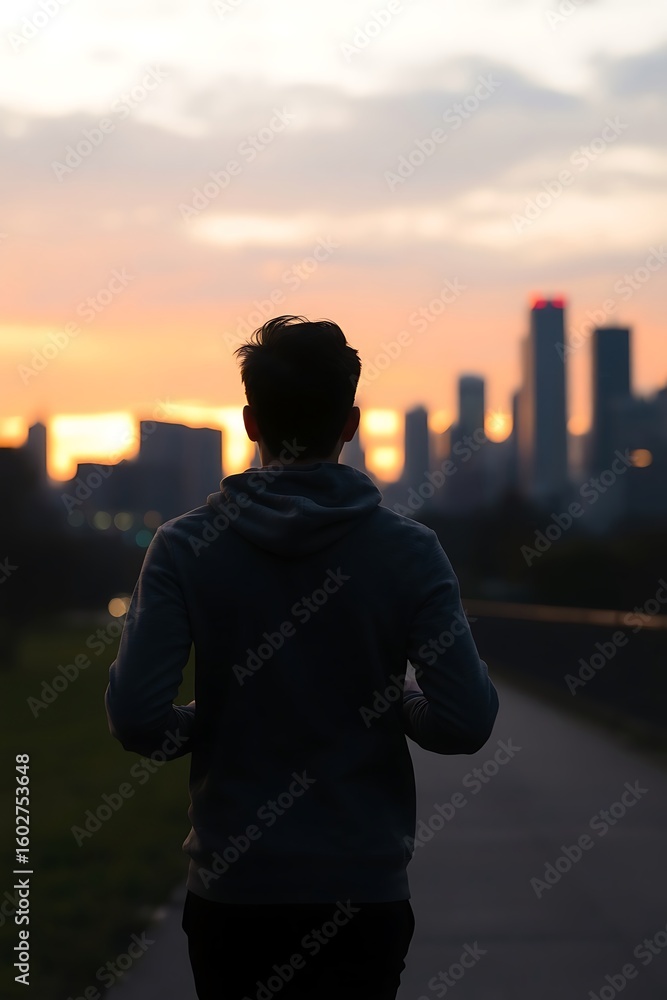 Fototapeta premium A man jogging alone at sunset, facing the glowing city skyline