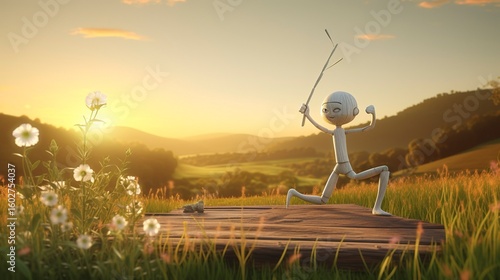 A photo of a 3D character participating in a countryside landscape