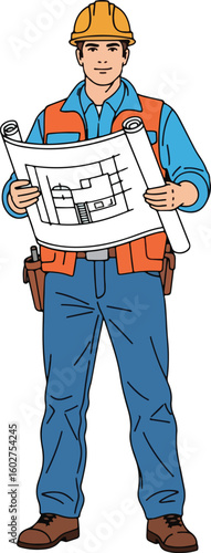 A male architect wearing a hard hat and vest, holding building blueprints confidently.