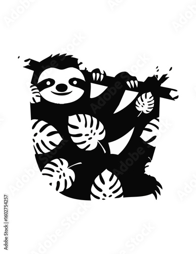 Creative black and white illustration of a cute sloth hanging from a branch, featuring a tropical monstera leaf pattern in a double exposure style