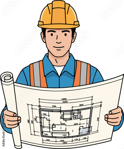 A male architect wearing a hard hat and vest, holding building blueprints confidently.