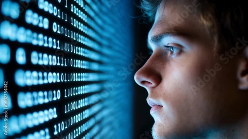 Young man focused on a screen displaying binary code, immersed in technology