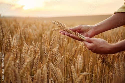Employee is doing quality control. Side close up view of woman's hands that is holding wheat on the field