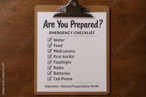 Emergency preparedness checklist on clipboard: essential supplies for National Preparedness Month