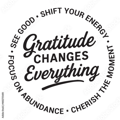 Gratitude changes everything, see good, shift your energy, focus on abundance, cherish the moment, inspirational design quote, motivational quotes, typography illustration lettering quotes