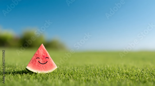 Smiling Watermelon Slice on Green Grass Under Blue Sky a Delightful Summer Scene 91690952 1