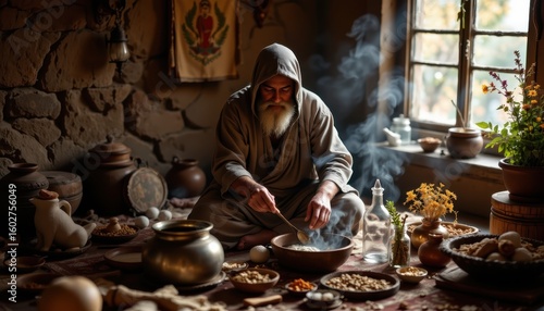 traditional healer preparing herbal medicine with boiling pot dried plants and ritual setup in earthy toned room