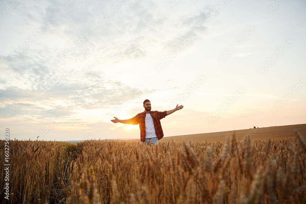 Freedom conception, hands to the sides. Male farmer is on the wheat agricultural field Freedom conception, hands to the sides. Male farmer is on the wheat agricultural field