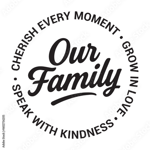 Our family, cherish every moment, speak with kindness, grow in love, inspirational design quote, motivational quotes, typography illustration lettering quotes