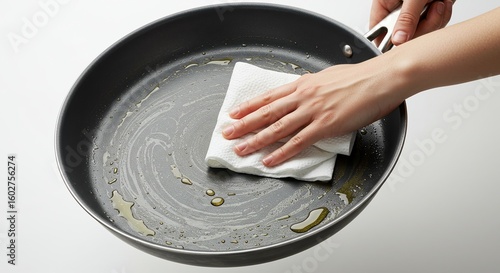 I'm using a paper towel to clean a greasy frying pan.