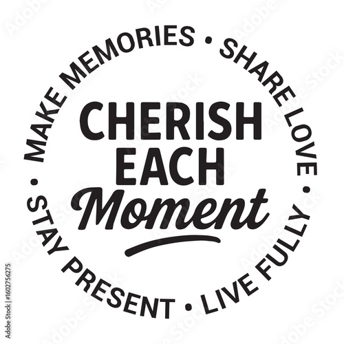 Cherish each moment, make memories, share love, stay present, live fully, inspirational design quote, motivational quotes, typography illustration lettering quotes