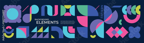 Colorful bold abstract geometric shapes and background elements in modern flat style. Trendy minimal vector pattern for web, print, banner, poster, or festival themes..