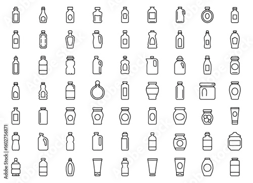Vector art of a collection of various bottle and container icons arranged in a grid format showcasing different shapes and styles for packaging and storage