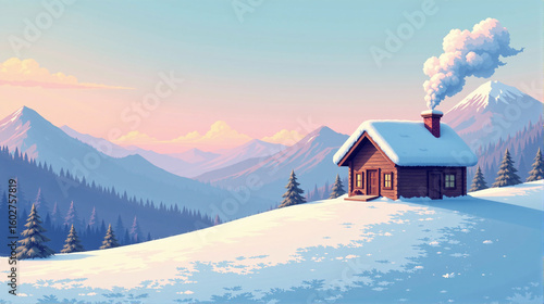 Snowy mountain cabin with smoke chimney at sunset
