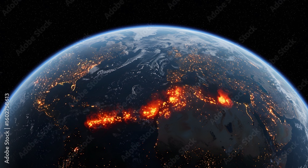 Obraz premium A view from space shows the earth at night with glowing city lights and large areas of intense orange fire or heat