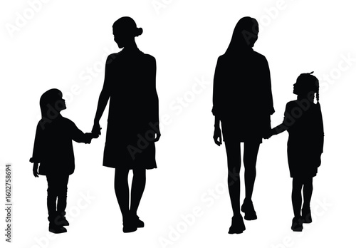 Silhouette of mother and daughter walking hand in hand, black family silhouettes on white background, parenting and bonding vector illustration for child care, motherhood, and family love concepts