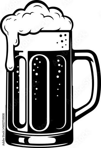 Vector art of a black and white illustration of a tall glass mug filled with dark beer and overflowing with frothy foam