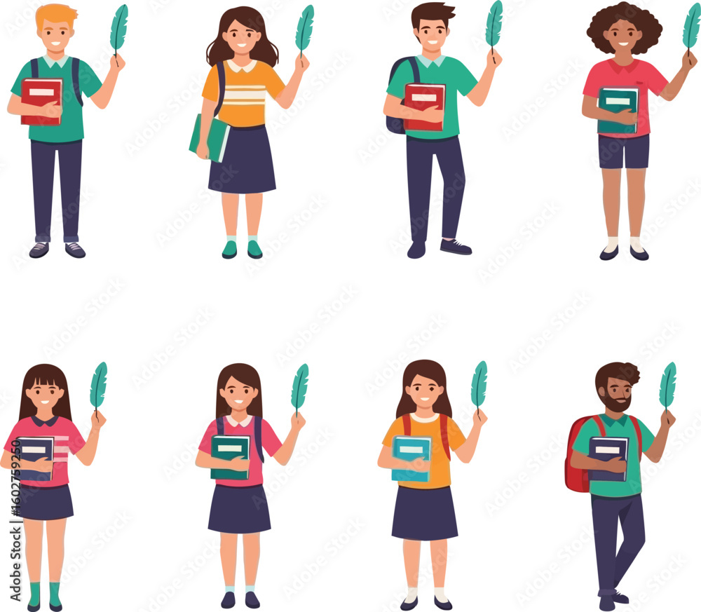 Fototapeta premium Diverse students holding quills ready for learning, education concept illustration perfect for back to school