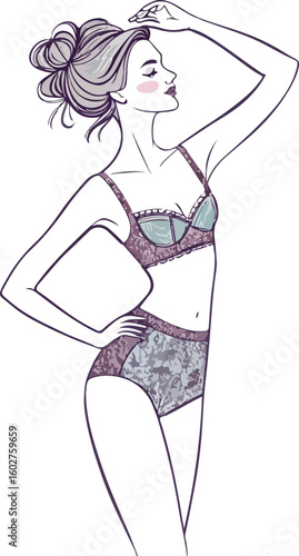 A confident woman holding her waist and standing in a fashionable pose wearing minimal clothing