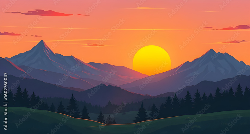 Naklejka premium Sunset mountains, Mountain sunset, Sunset landscape, Golden hour mountains, Sun setting behind peaks, Evening sky, Mountain silhouette, Sunset glow, Sunset horizon, Sunset view, Sunset scene, Dusk in