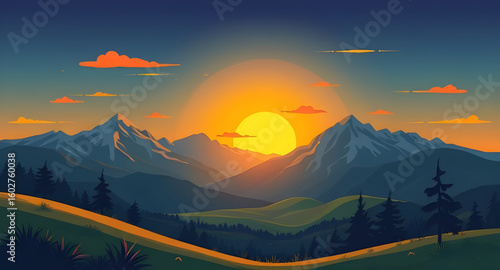  Sunset landscape, Golden hour mountains, Sun setting behind peaks, Evening sky, Mountain silhouette, Sunset glow, Sunset horizon, Sunset view, Sunset scene, Dusk in mountains, Mountain ridge sunset, 