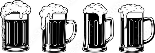 Vector art of a black and white illustration of four mugs of beer with overflowing foam and condensation on a white background