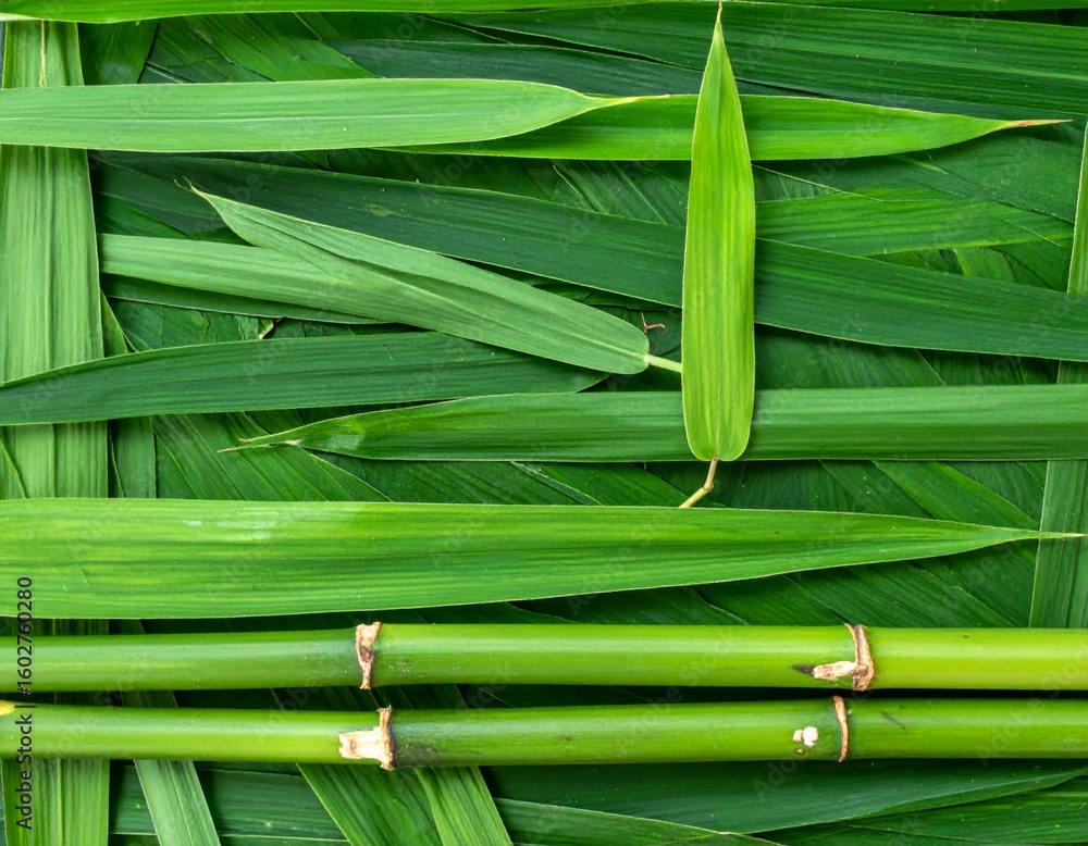 Obraz premium Vibrant Green Bamboo Stalks and Leaves Composition on a Flat Surface Background
