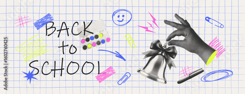 Back to school sale banner. Learning, knowledge concept. Hand, School bell, Paints, pen, doodle cut-out paper.
