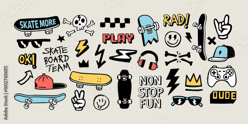 Hand-drawn vector set with cool illustrations like skateboards, smile faces, lightning bolts, game controller, peace sign, and more. Perfect for t-shirts, stickers, and streetwear graphics.
