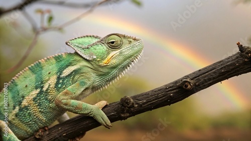 Chameleon with a veil, the background is light colored, pastel style.