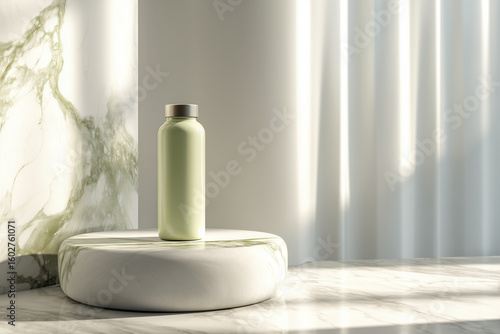 Wallpaper Mural Sleek matcha drink bottle stands elegantly on marble pedestal, illuminated by soft natural light filtering through sheer curtains. serene atmosphere enhances product appeal Torontodigital.ca