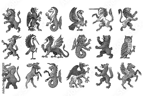 Foto Heraldic mythical creatures including griffins, dragons, and beasts in vintage e