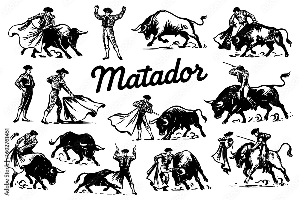 Fototapeta premium Traditional matadors and bullfighting scenes in vintage engraving style, Transparent Background