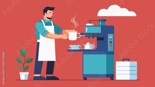 Barista in apron steaming milk with machine | Barista Cafe Illustration