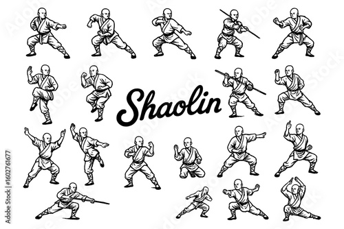 Fotografie Shaolin monks practicing martial arts stances in vintage engraving style, Transp