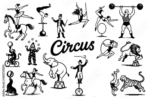 Fototapeta Naklejka Na Ścianę i Meble -  Vintage circus performers and animals in classic engraving style, Transparent Background